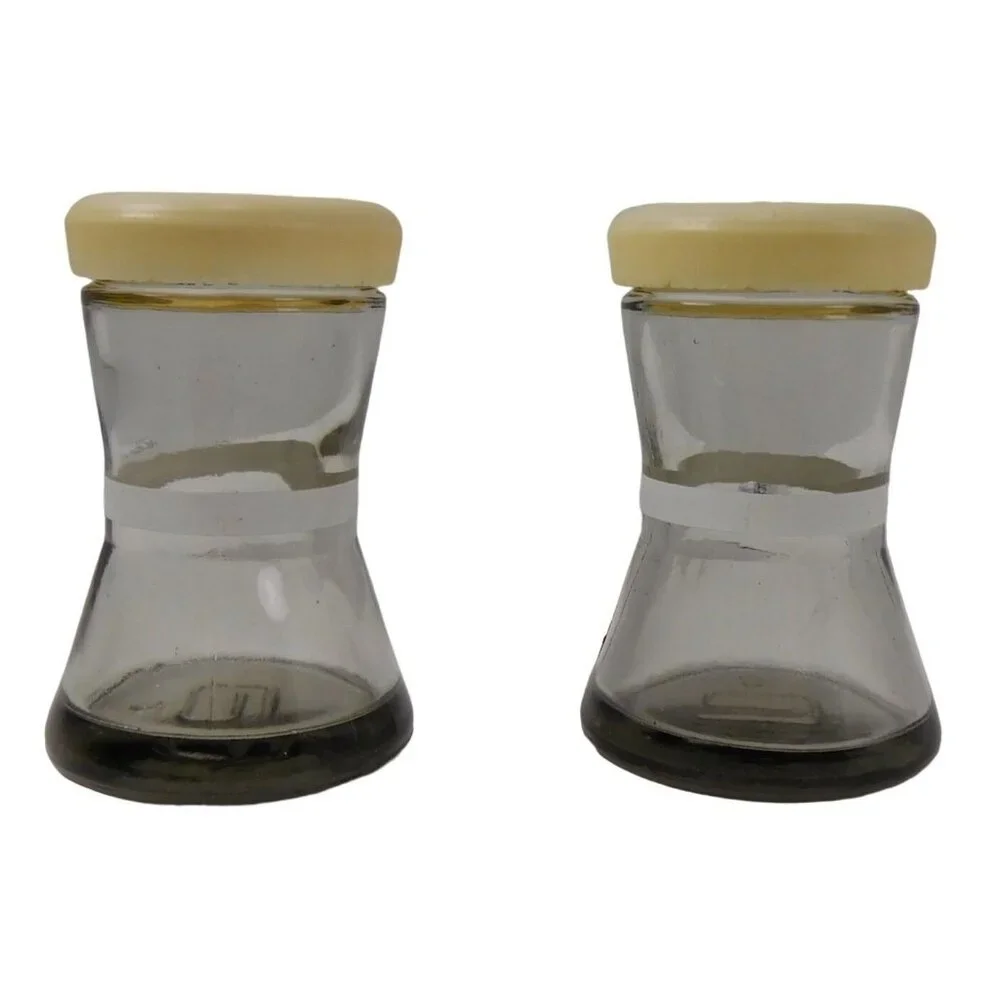 Vintage Smoky Clear Glass With White Stripes And Caps Salt And Pepper Shakers